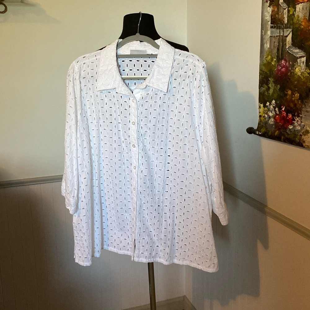 denim & company d & co. White Cotton Ovoid Eyelet Button Front Shirt Size 2X